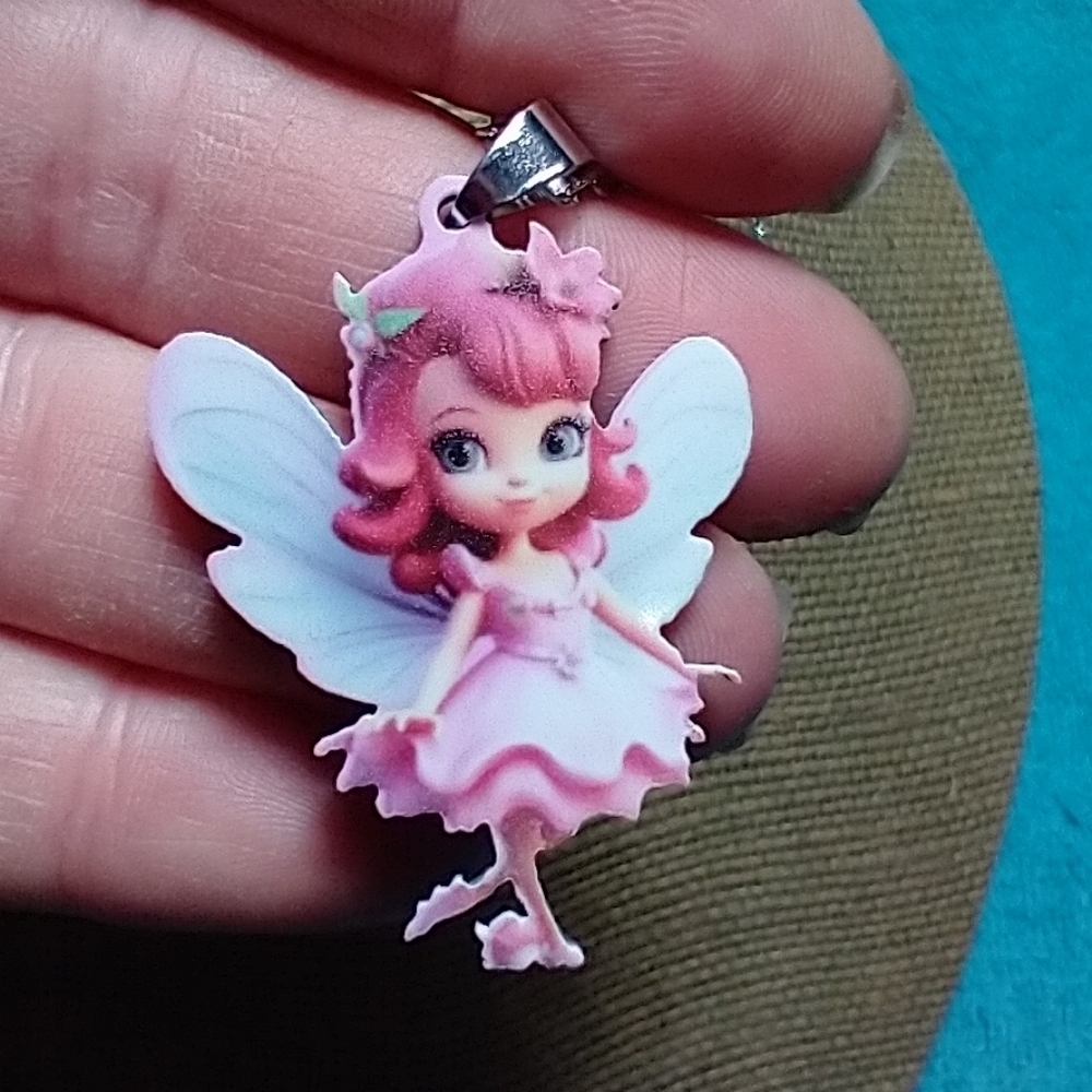 Fairy Pendant Necklace - Pink and White flower dress